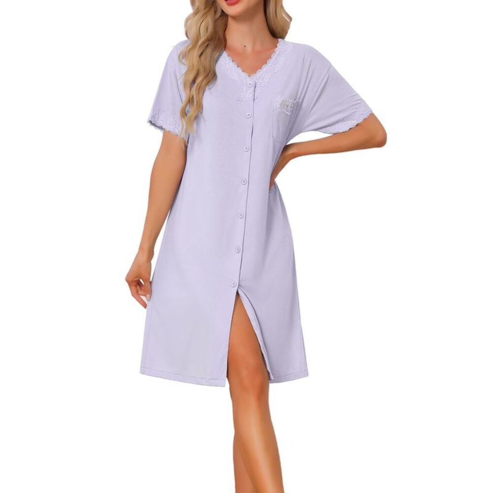 Women's Nightgowns Short Sleeves Button Down Lace Sleep Dress Purple